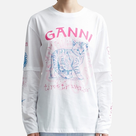 Ganni White Long Sleeve Tee with Pink and Blue Graphics - Picture 4 of 16